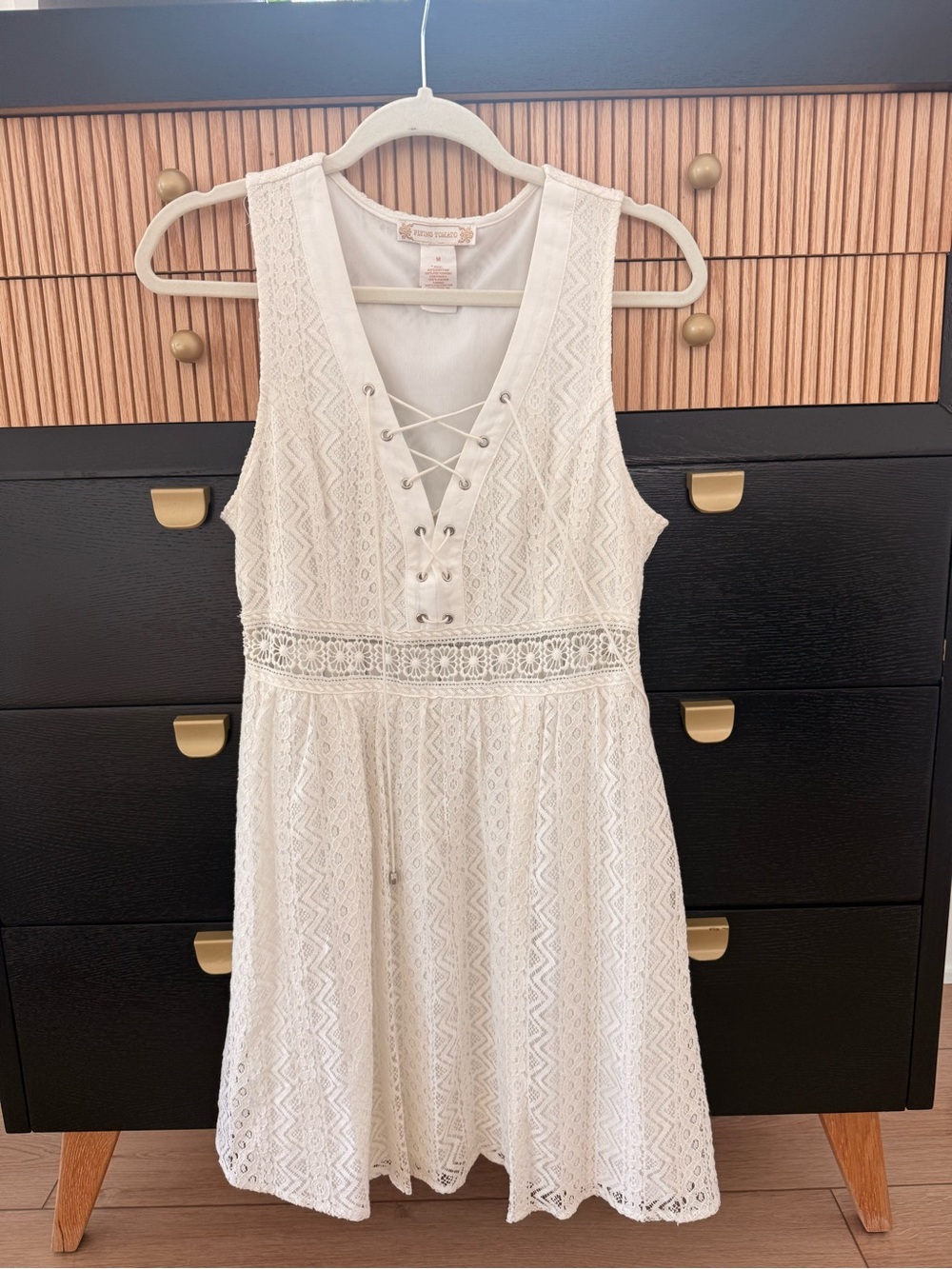 Flying Tomato White Lace-Up Eyelet Mini Dress